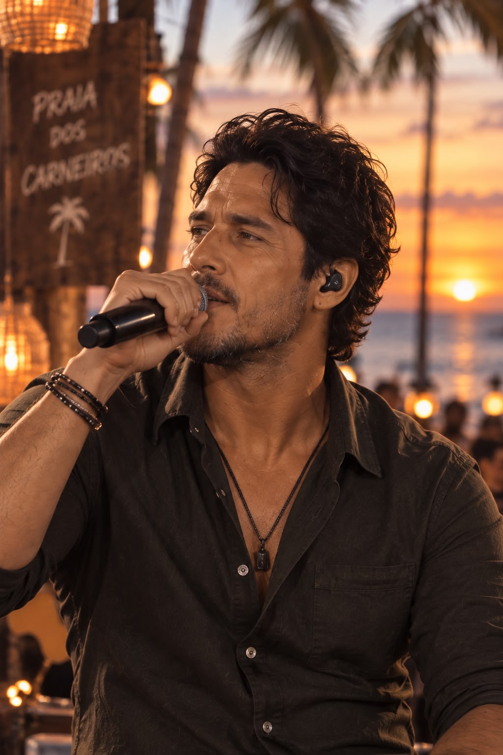 Vinícios tocando violão durante show ao pôr do sol
